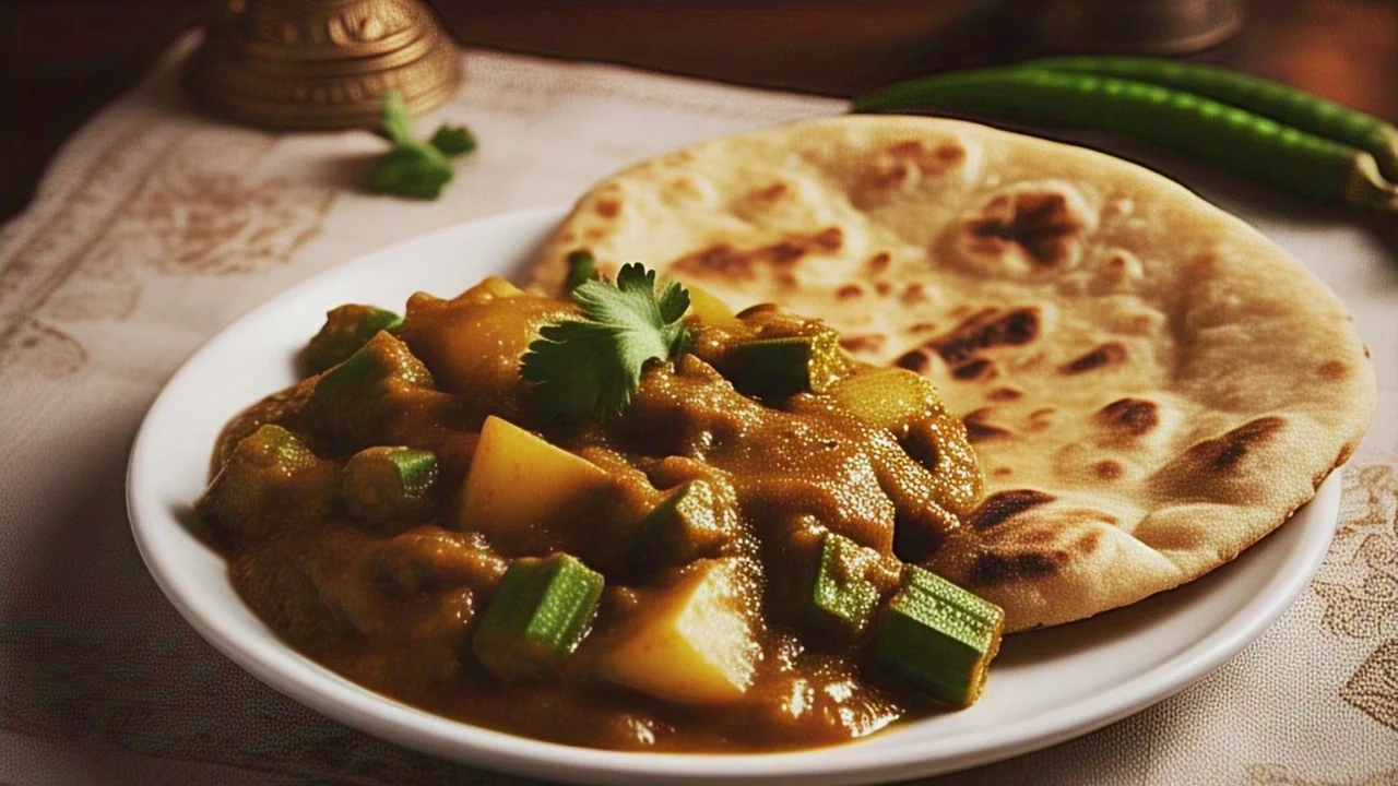 aloo bhindi gravy decorated with coriander leaves edited